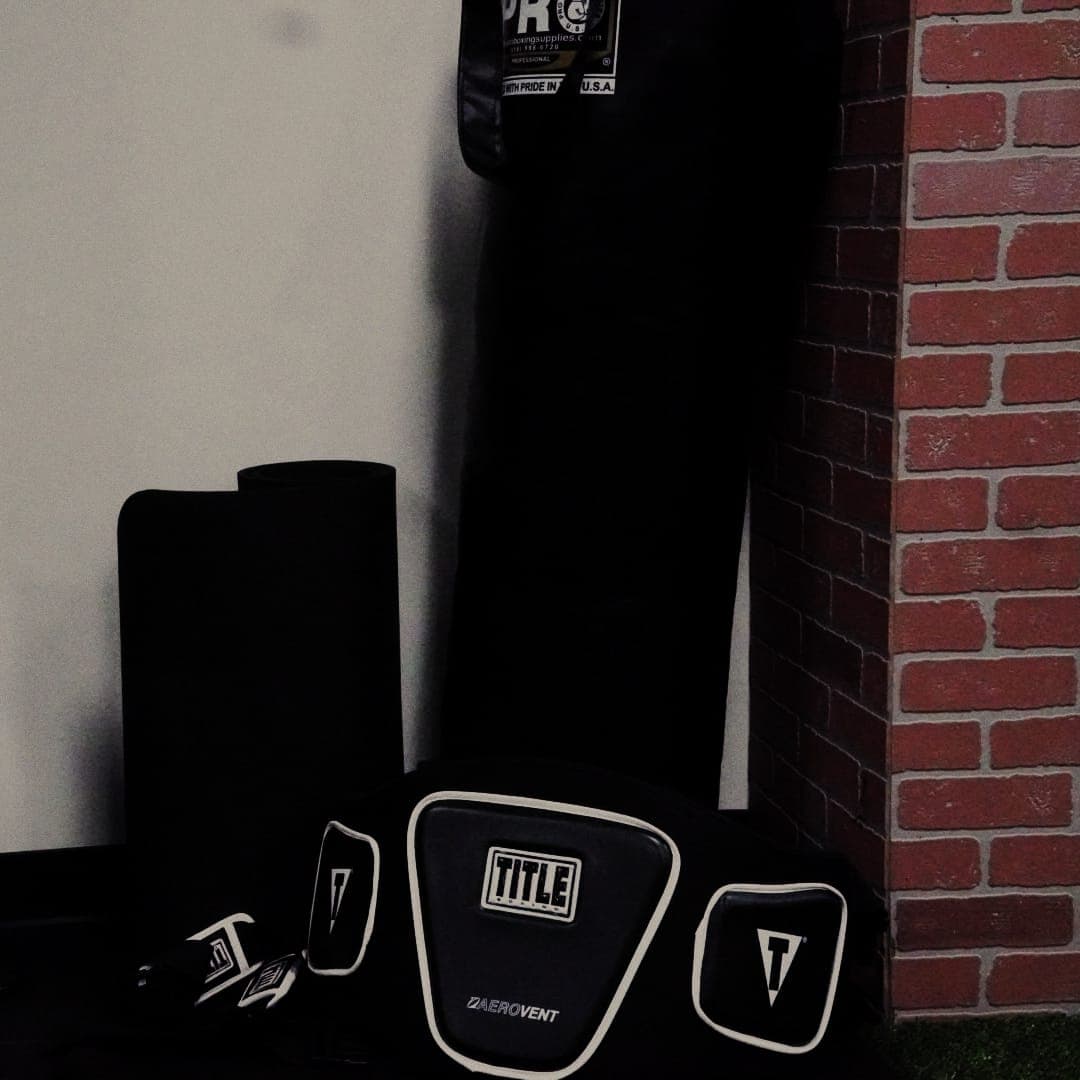 Heavy bag and Title boxing gear against a brick wall